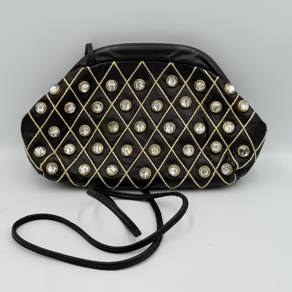 VTG Y&S Black Leather‎ Rhinestone Quilted Clutch Crossbody Bag Made USA Evening
